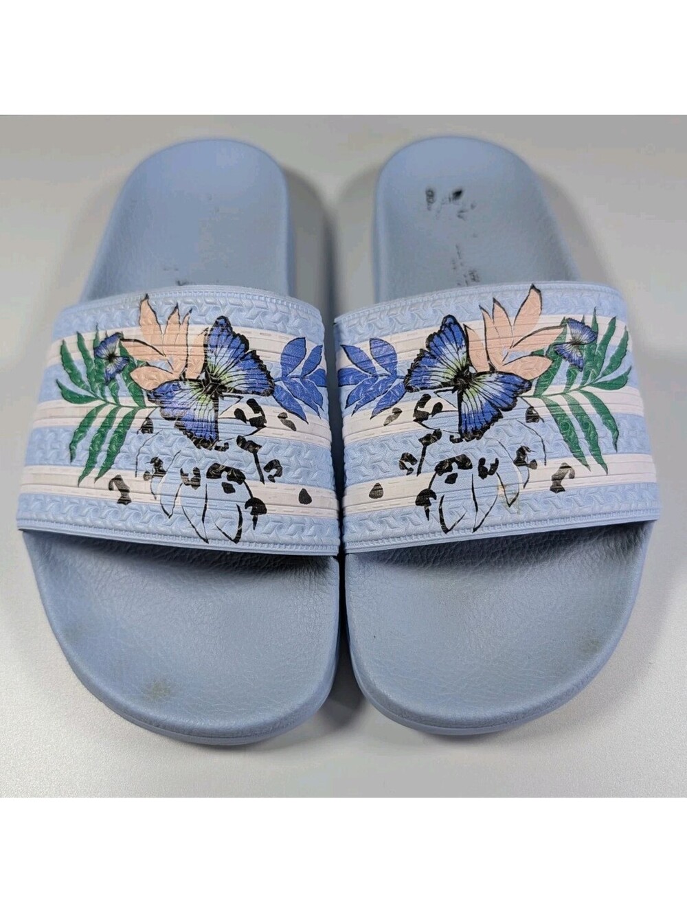 Adidas Womens Size 6 Blue Adilette Butterfly Floral Slides Sandals Slip On Shoes